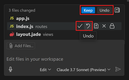 Screenshot showing the Copilot Edits view, highlighting the Accept All and Discard All buttons.