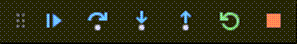 Screenshot that shows the Debug toolbar, with icons to control the flow of the debug session.