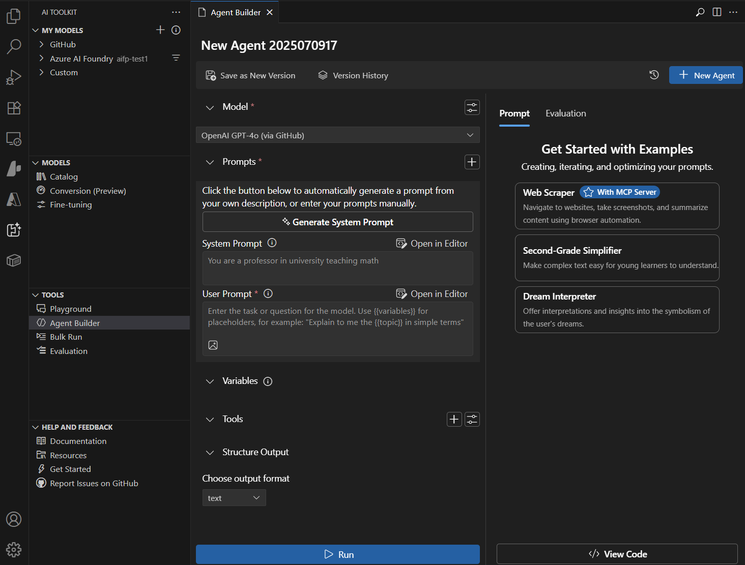 Screenshot showing the Agent Builder interface for creating and managing AI agents