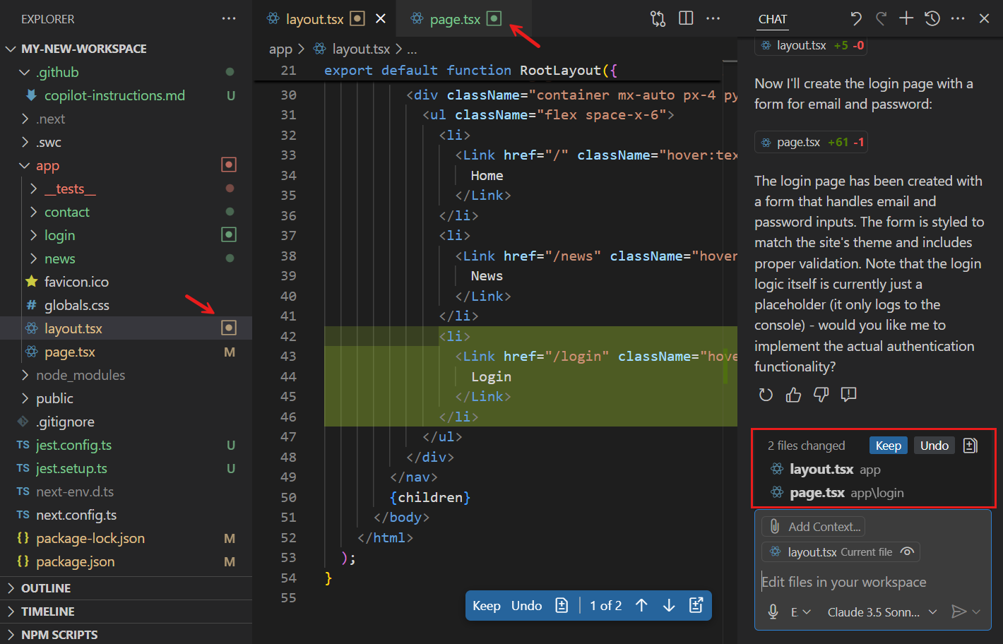 Screenshot that shows the Copilot Edits view, highlighting the changed files list and the indicator in the Explorer view and editor tabs.