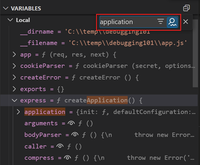 Screenshot of the filter control in the Variables section.