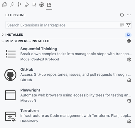 Screenshot showing the MCP Servers management view with installed servers.