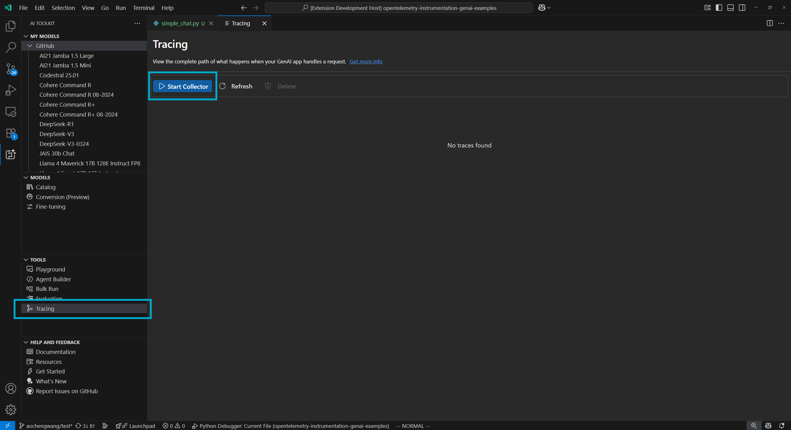Screenshot showing the Start Collector button in the Tracing webview.