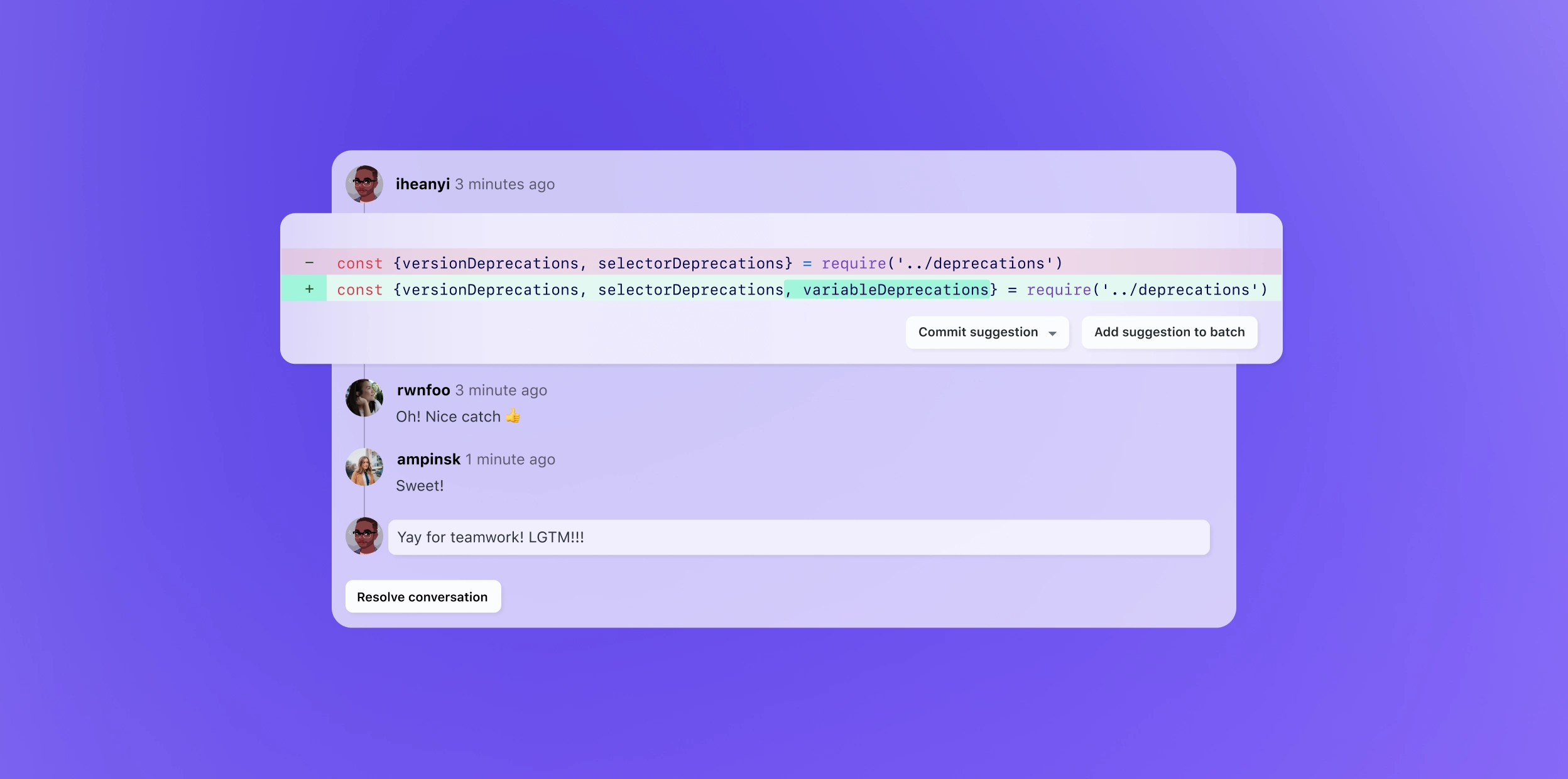 GitHub code review showing a change to include variableDeprecations with versionDeprecations and selectorDeprecations. The old line is red and the new line is green. Below, three users comment on the teamwork, ending with a 'Resolve conversation' button.