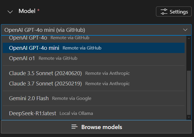 Screenshot showing the model selection dropdown in Agent Builder.
