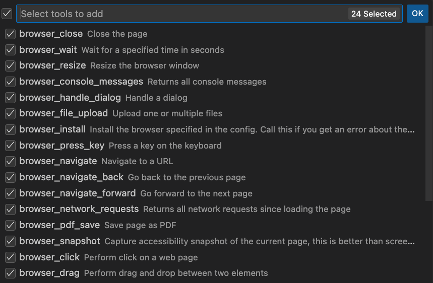 Screenshot showing the select tools interface in Agent Builder.