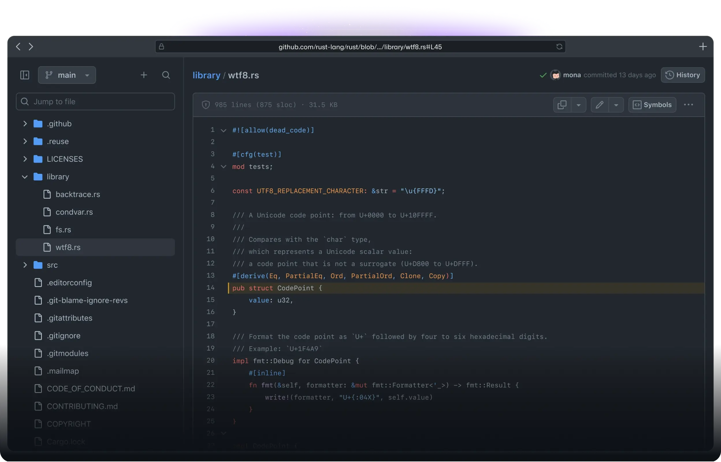 The image shows a computer screen with a code editor in dark mode, displaying a Rust programming language file named "vfmt.rs" from the GitHub repository "github.com/servo/rust-url." The left sidebar lists folders and files, while the main editor displays syntax-highlighted Rust code. Two floating panels on the right provide information about a class named "CodePoint" and search results for "impl CodePoint".