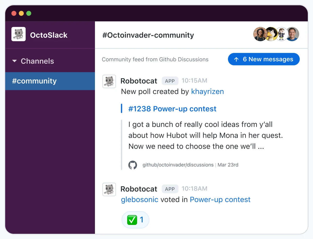 The image is a screenshot of a Slack channel named "#community" within the "OctoSlack" workspace, which is part of the "Octoinvader-community." The background is pink with rounded corners. There are two messages from a user named "Robotocat." The first message announces a new poll created by another user, khayrizen, and includes a link to the "#1238 Power-up contest" discussion on GitHub. The second message indicates that glebosonic voted in the Power-up contest. The interface displays options for viewing pinned items, searching within the channel, and seeing member details.