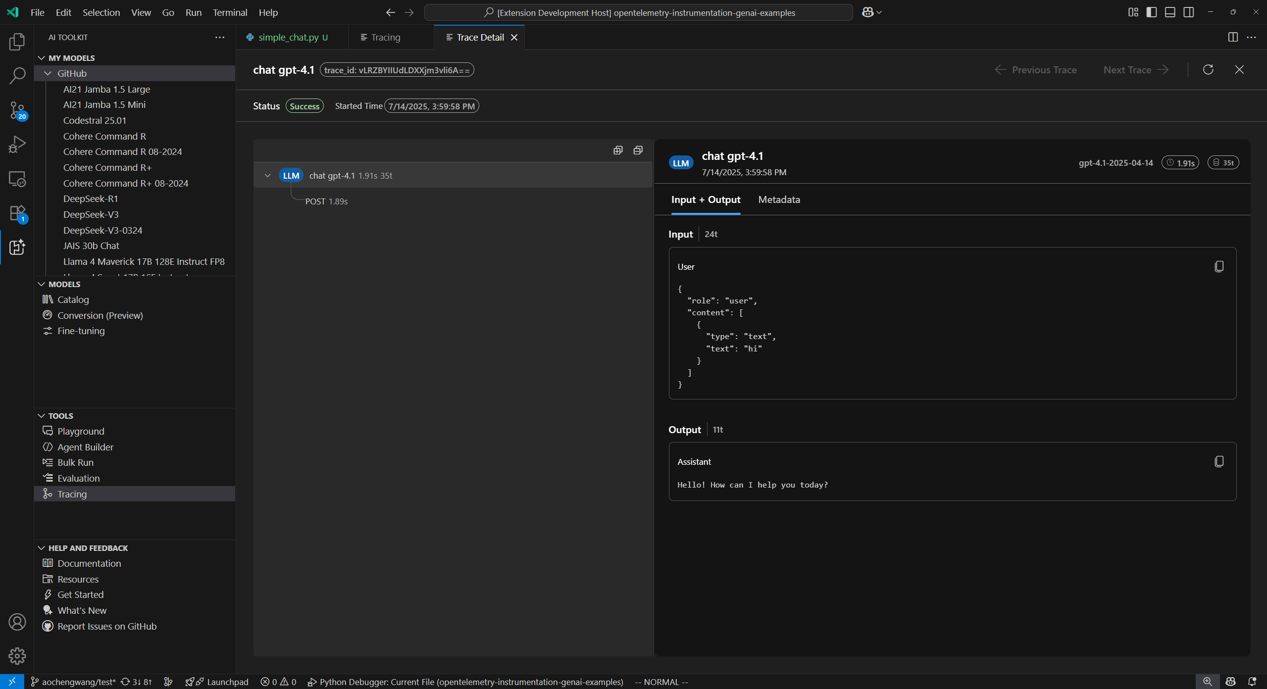 Screenshot showing the Tracing interface with tools for monitoring AI applications