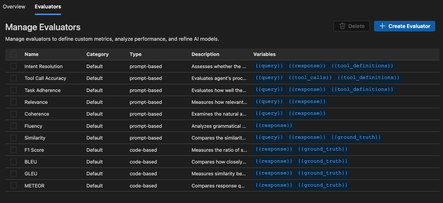 Screenshot showing the custom evaluator creation interface in AI Toolkit.