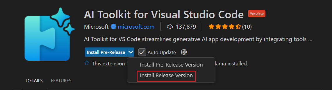 Screenshot showing the AI Toolkit extension in the VS Code Marketplace with the install button