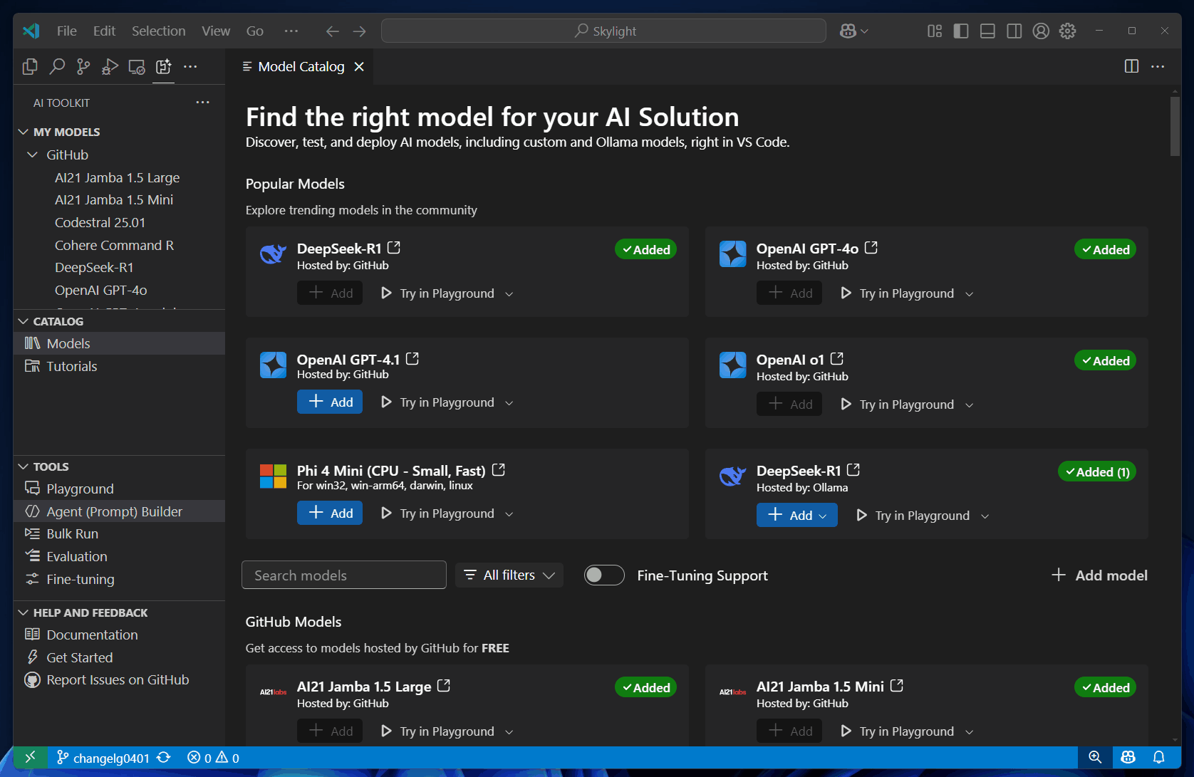 Screenshot showing the Agent Builder interface with prompt engineering and testing capabilities.
