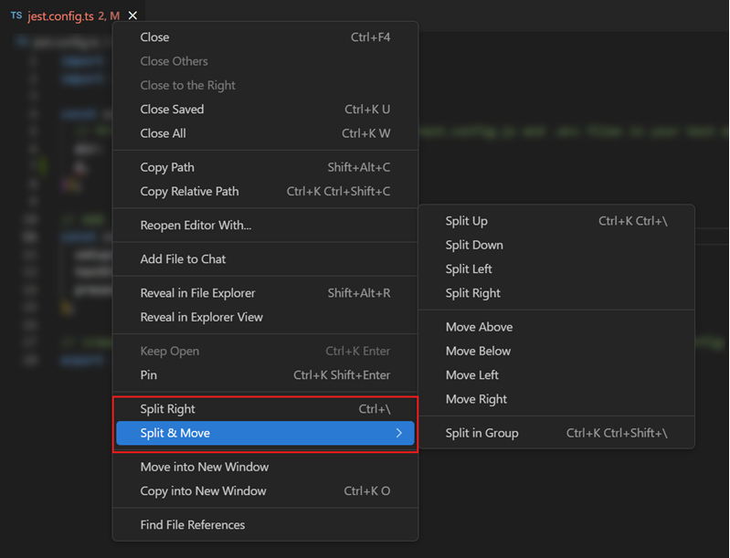 Split editor commands in the editor tab context menu