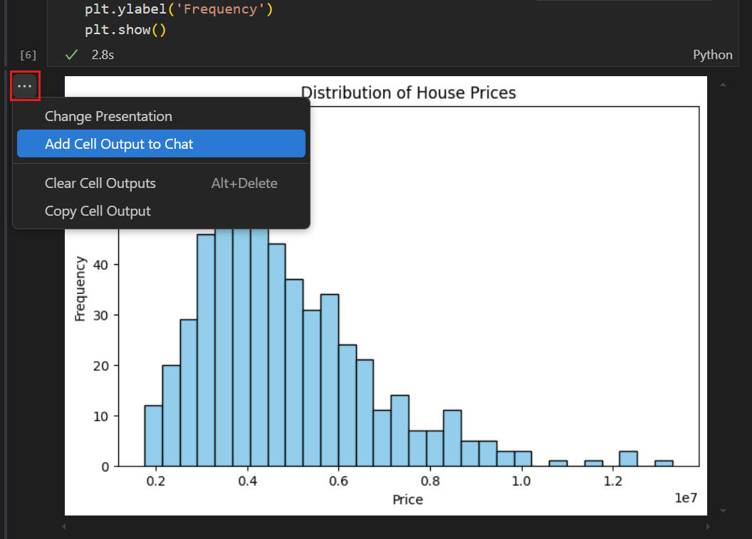 Screenshot that shows the context menu for a graph in a notebook cell.