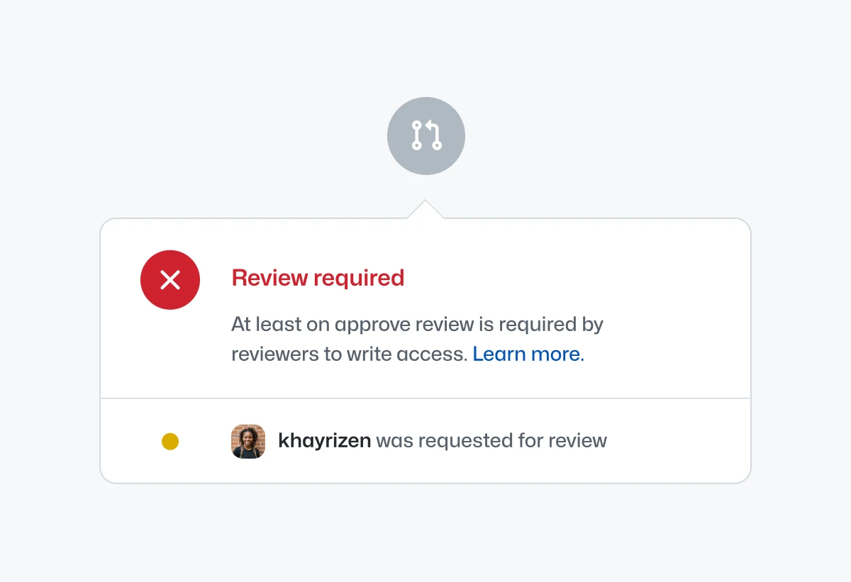 The image displays a notification message. The notification features a red circle with a white 'X' icon and the title "Review required." Below the title, it states, "At least one approve review is required by reviewers to write access. Learn more." Additionally, there is an avatar of a person with the username "khayrizen" and text indicating that this user was requested for review.