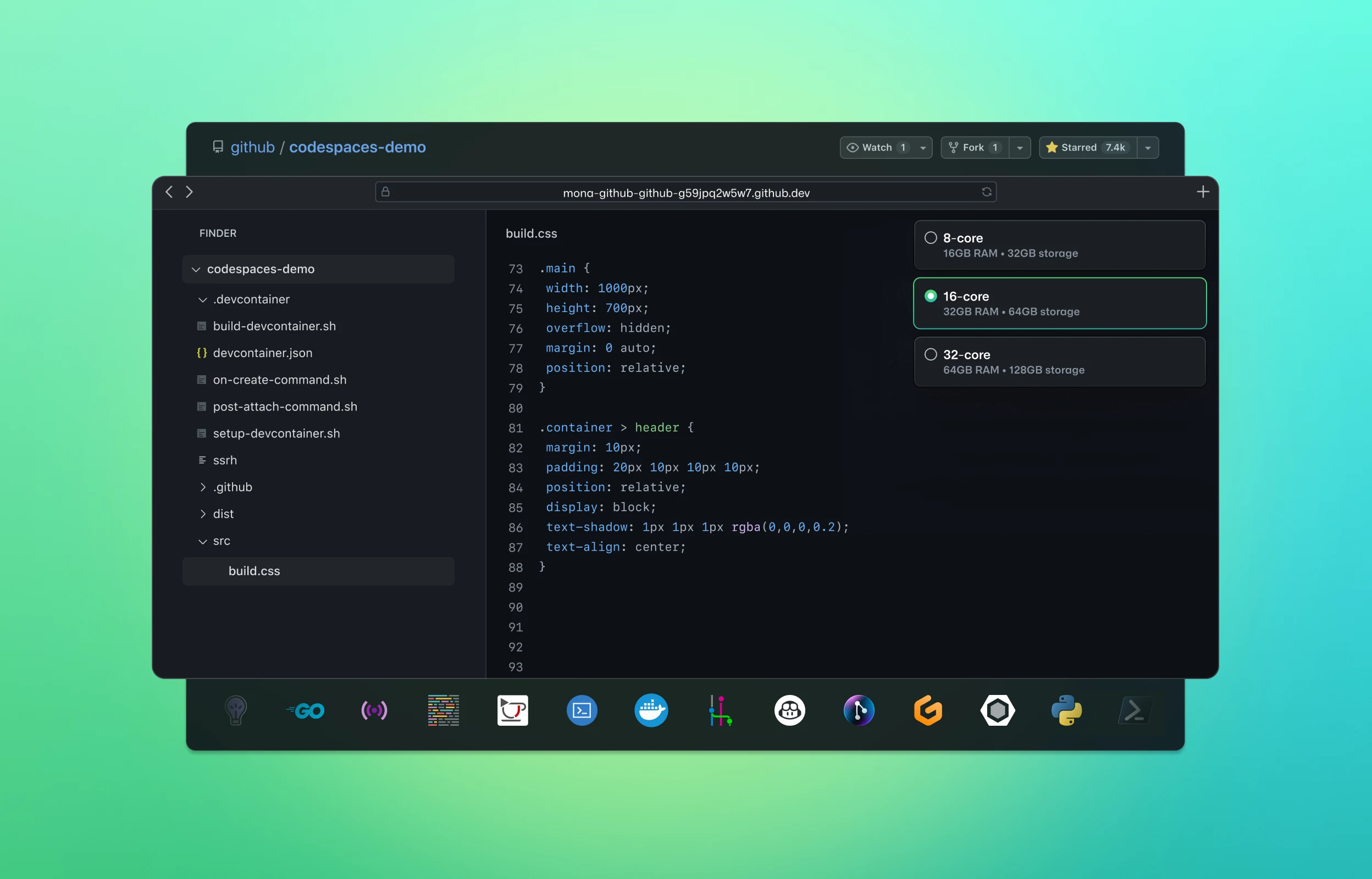 The image shows a GitHub Codespaces demo interface with a file explorer on the left and a CSS file open on the right. The CSS code styles elements like containers and headers. At the top right, there are options for different core configurations.