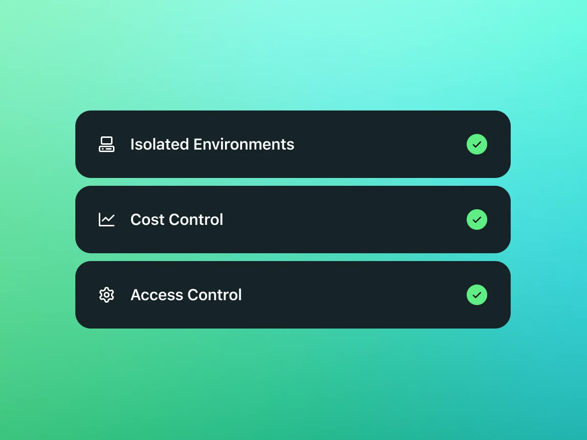 The image features a gradient background transitioning from green at the top to blue at the bottom. There are three black rectangular boxes with rounded corners, each containing a green checkmark icon on the left and white text. The first box reads "Isolated Environments," the second box reads "Access Control," and the third box reads "Cost Control." This image appears to be highlighting key features or benefits, possibly related to a software or service that emphasizes isolation, access management, and cost efficiency.