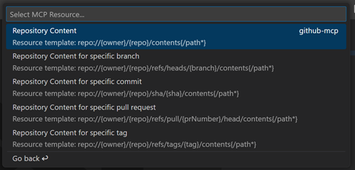 Screenshot of the MCP resource Quick Pick, showing resource types provided by the GitHub MCP server.
