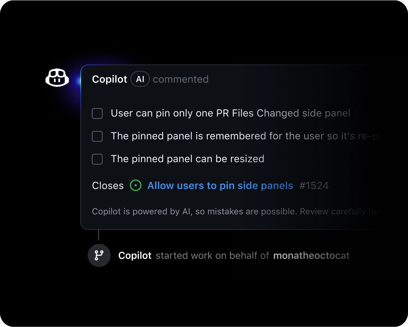 Copilot AI comment showing three checklist items about pinning side panels and a link to the related issue.