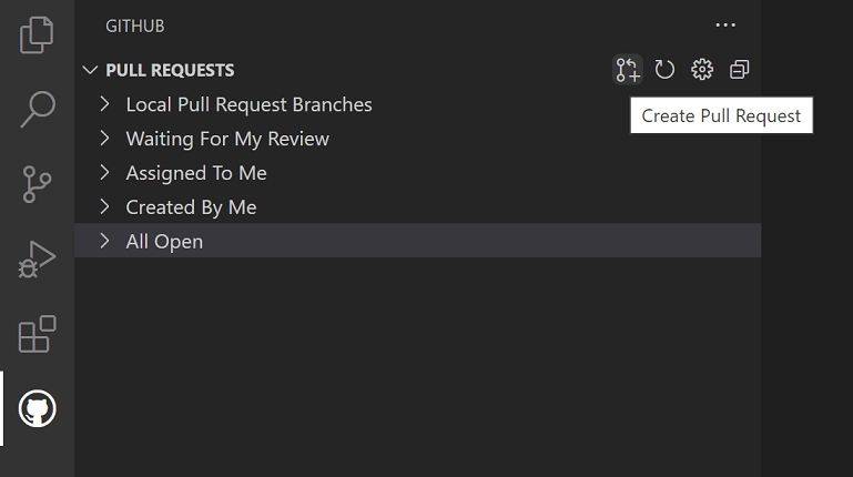 Screenshot showing the Create Pull Request button in the Pull Request view.