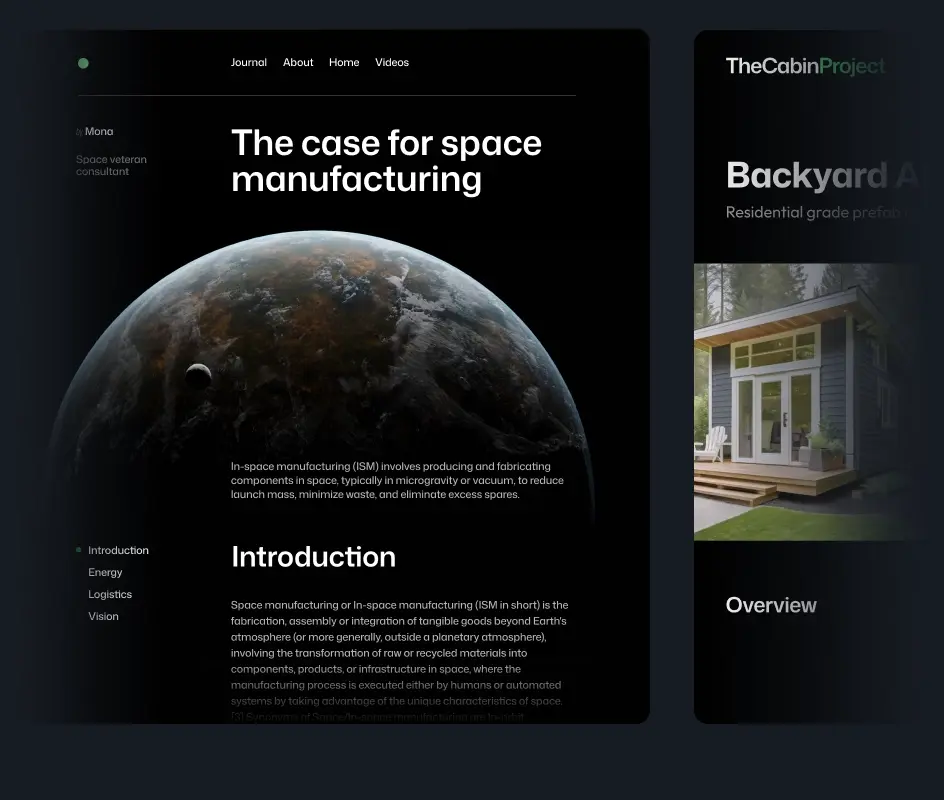 A webpage split into two sections. Left: "The case for space manufacturing" with intro text and menu items—Introduction, Energy, Logistics, Vision. Right: "Backyard ADU" with a subtitle about prefab housing, an image of a small house, and "Project Overview" text.