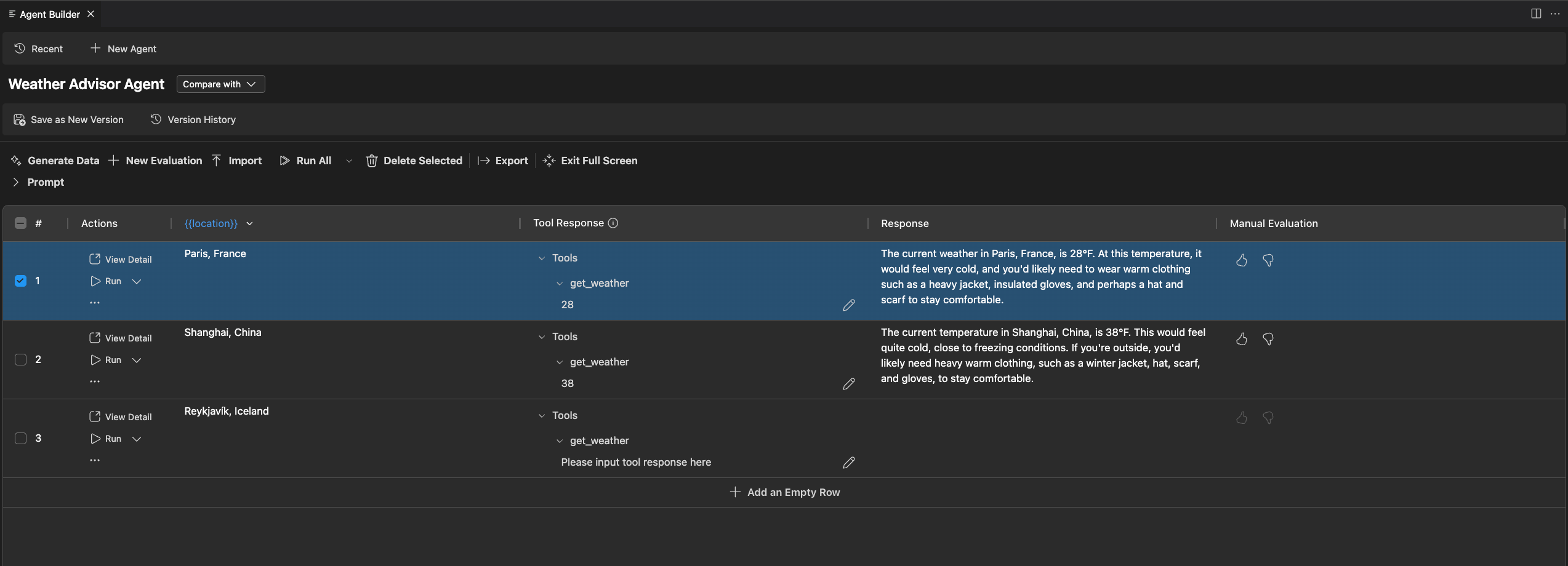 Screenshot showing AI Toolkit interface in full screen mode with the Evaluation tab expanded. The dataset table displays multiple columns, including query prompts and AI responses, for detailed analysis.