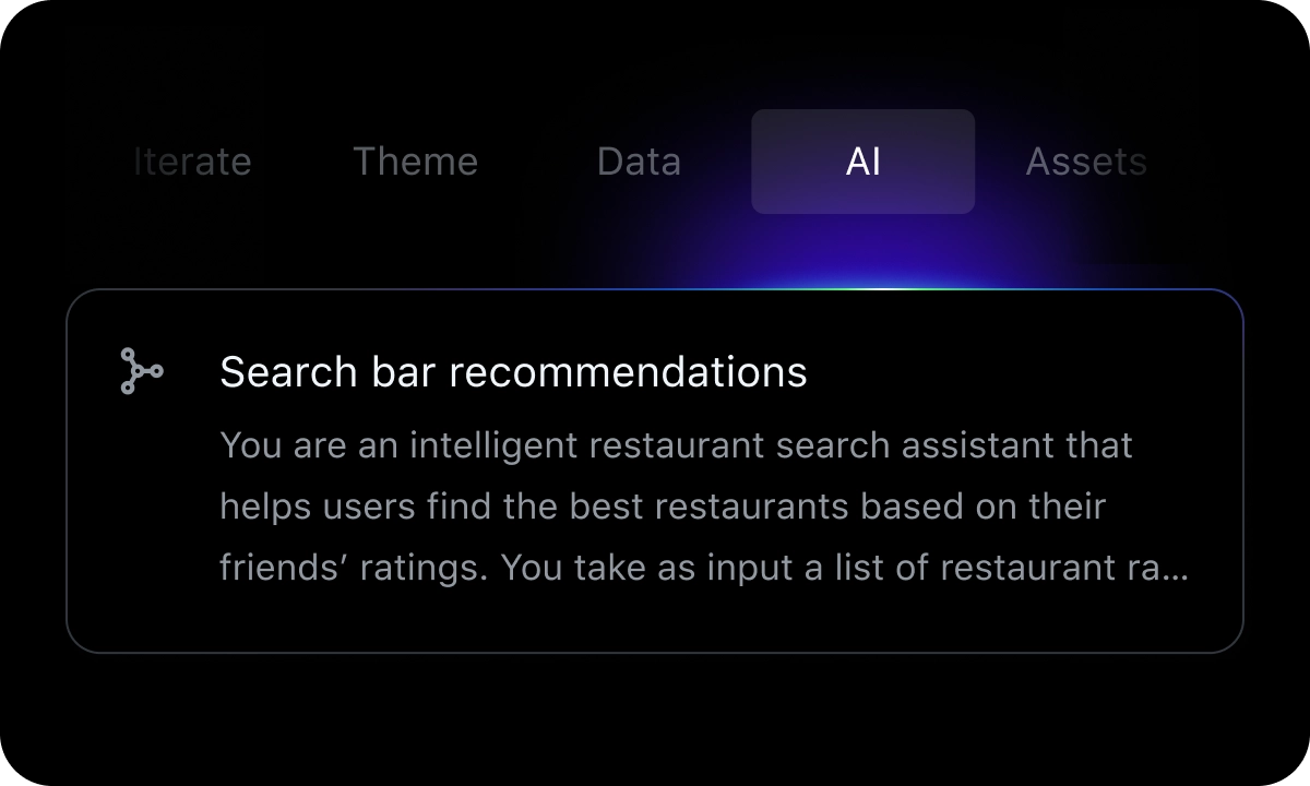Dark-themed interface with a highlighted 'AI' tab and a description for 'Search bar recommendations' detailing an intelligent restaurant search assistant based on friends' ratings.