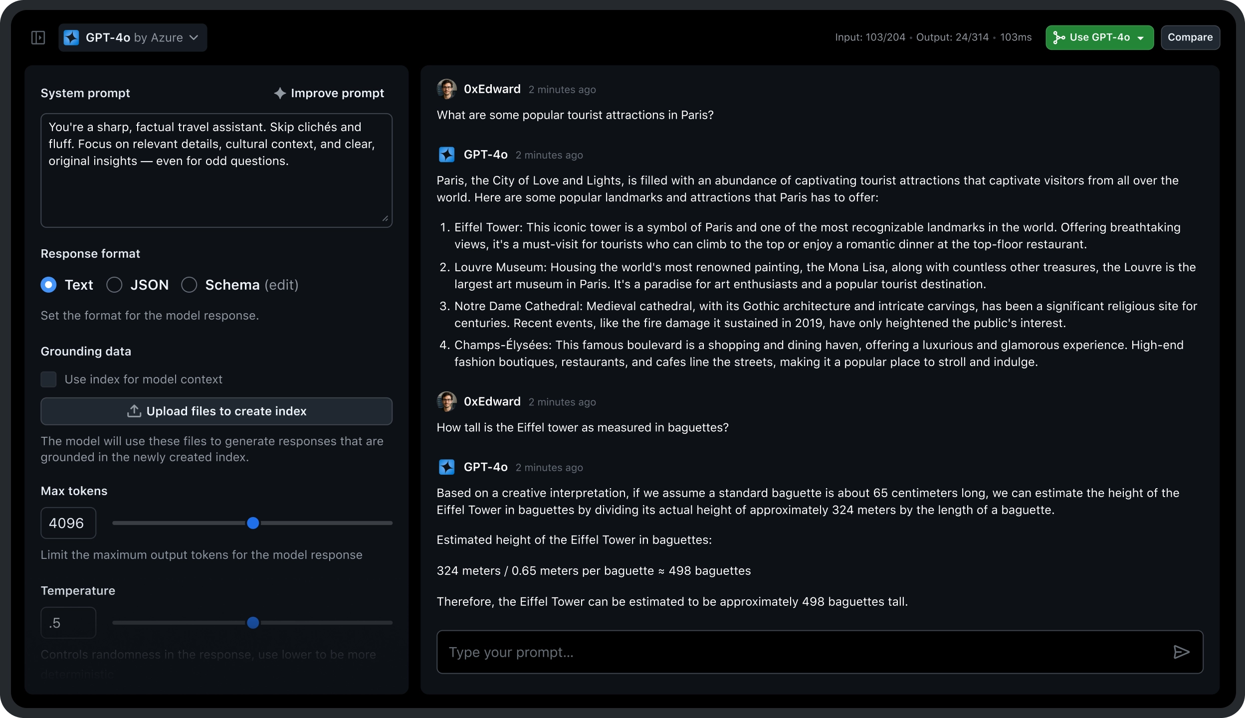 GitHub Models UI with GPT-4o shows prompt testing. Left panel has config options like system prompt, schema format, grounding data, token/temperature settings. Right panel shows a Paris Q&A, ending with Eiffel Tower’s height in baguettes.