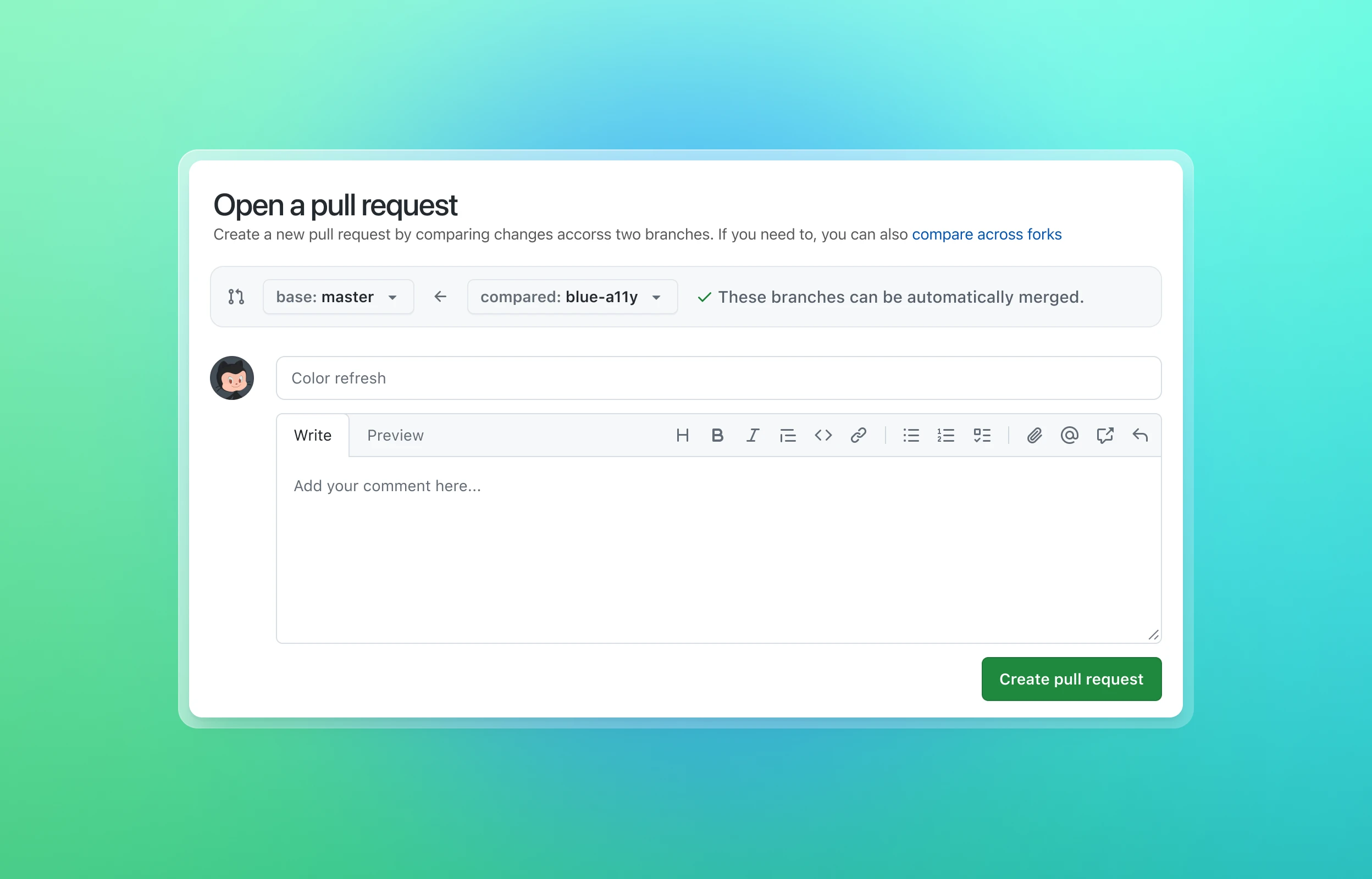 La imagen muestra la interfaz de GitHub para abrir una pull request. Incluye menús para elegir branches y compararlas, una marca verde para merge automático, un cuadro de comentarios y opciones de formato.