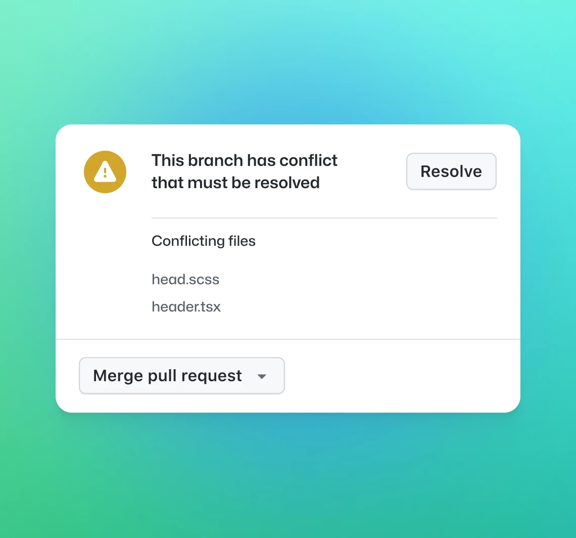 Alert indicating a branch conflict with files that need to be resolved before merging.