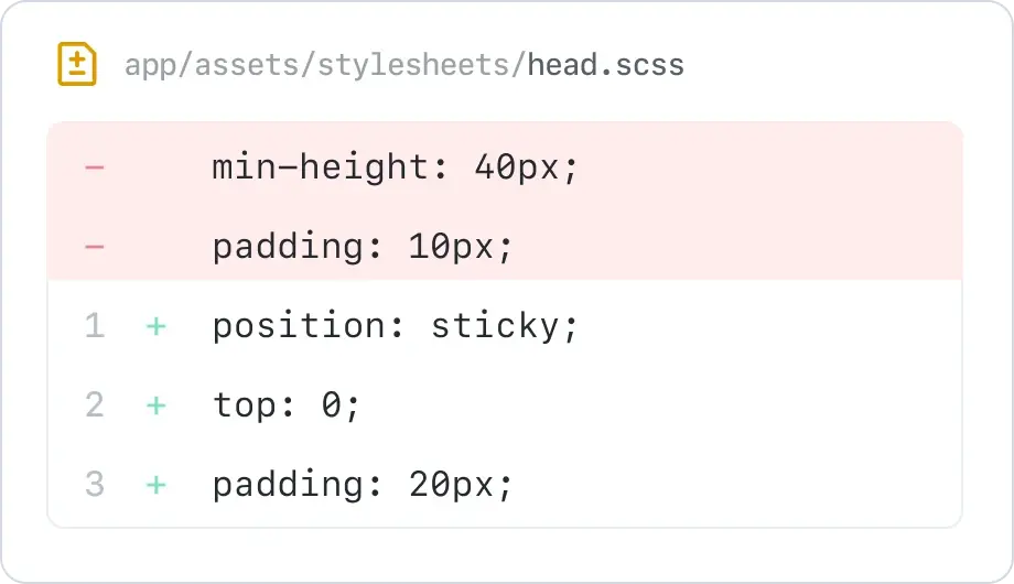 This image visually represents changes made to a stylesheet file, highlighting how the layout or design of a web page might be altered through these CSS adjustments.