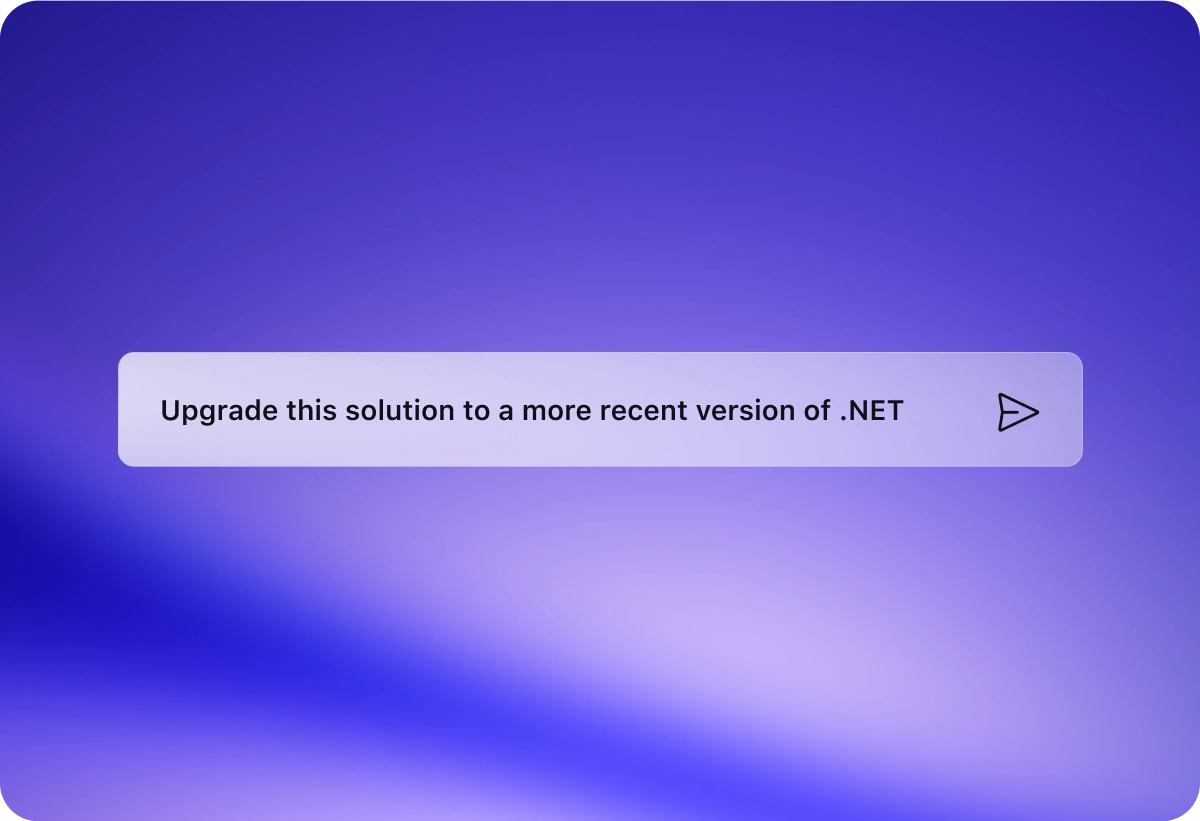 Banner message with arrow icon that says “Upgrade this solution to a more recent version of .NET.”