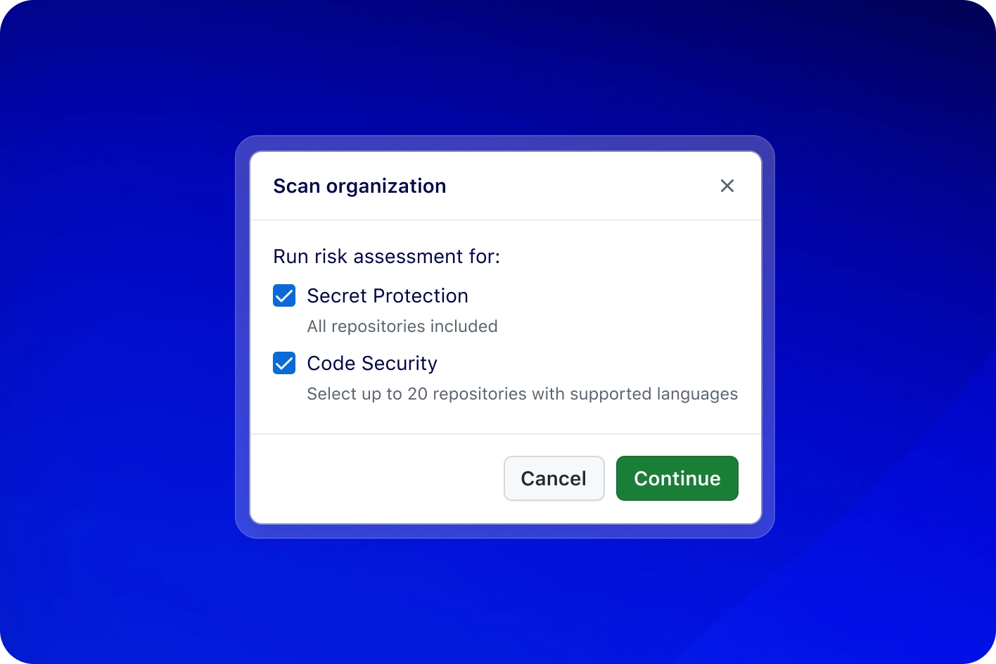 「Organization のスキャン」というタイトルのモーダル。Secret Protection と Code Security が選択されたリスク評価の設定項目と、取消、継続のボタンが表示されています。